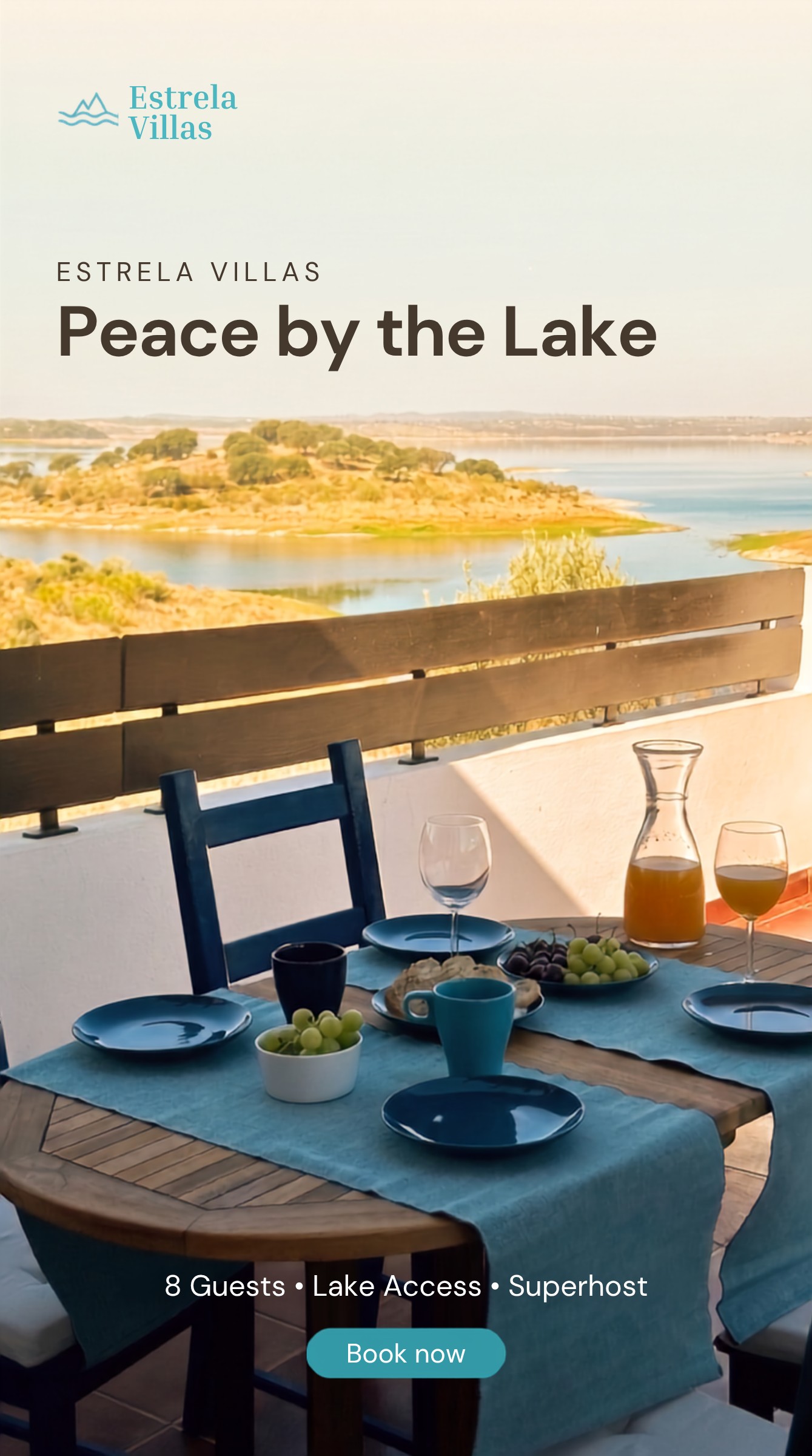 "Peace by the Lake" listing cover: a set breakfast table on the terrace with a view over Lake Alqueva