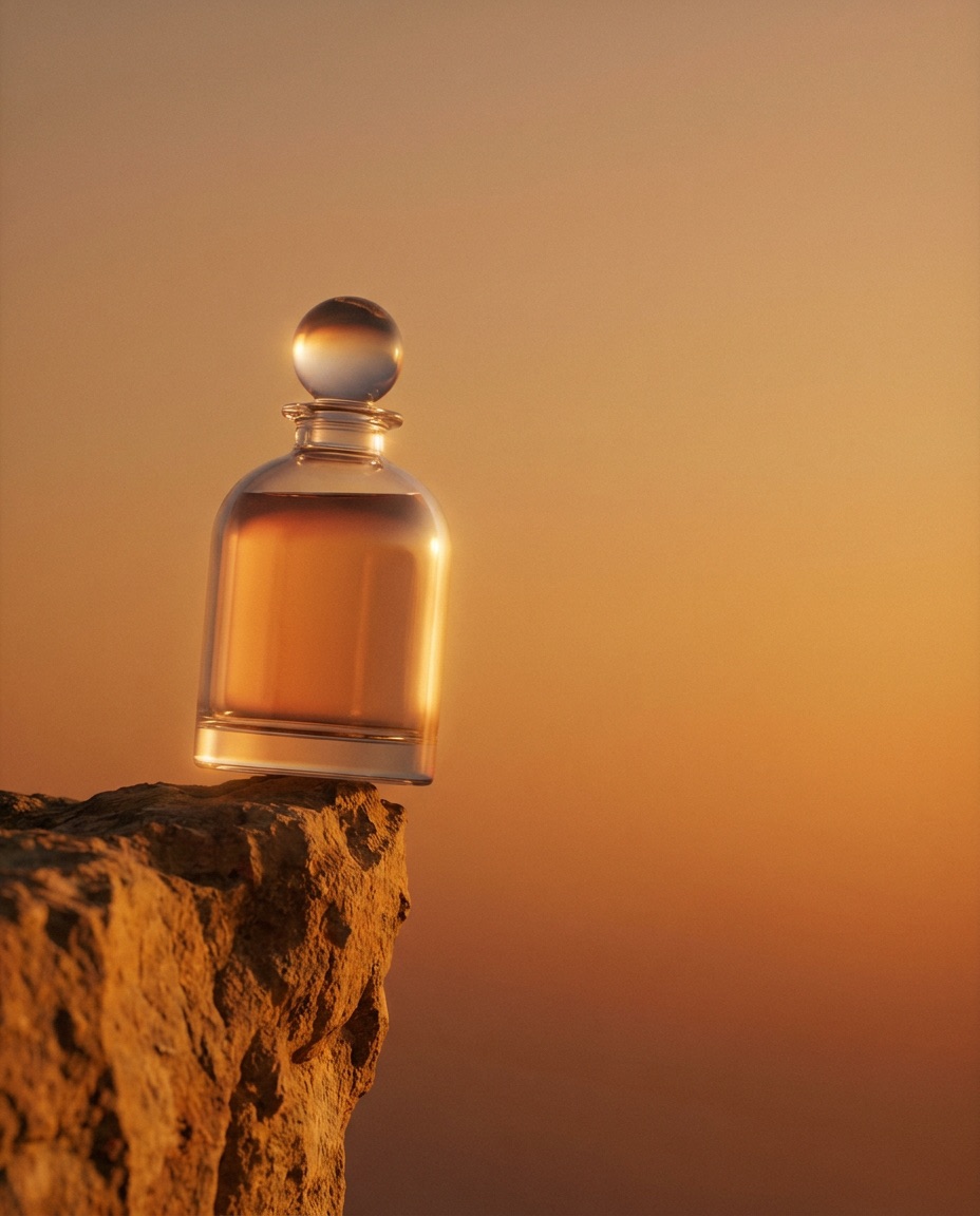 Perfume bottle on a cliff at sunset — Infinite Light editorial