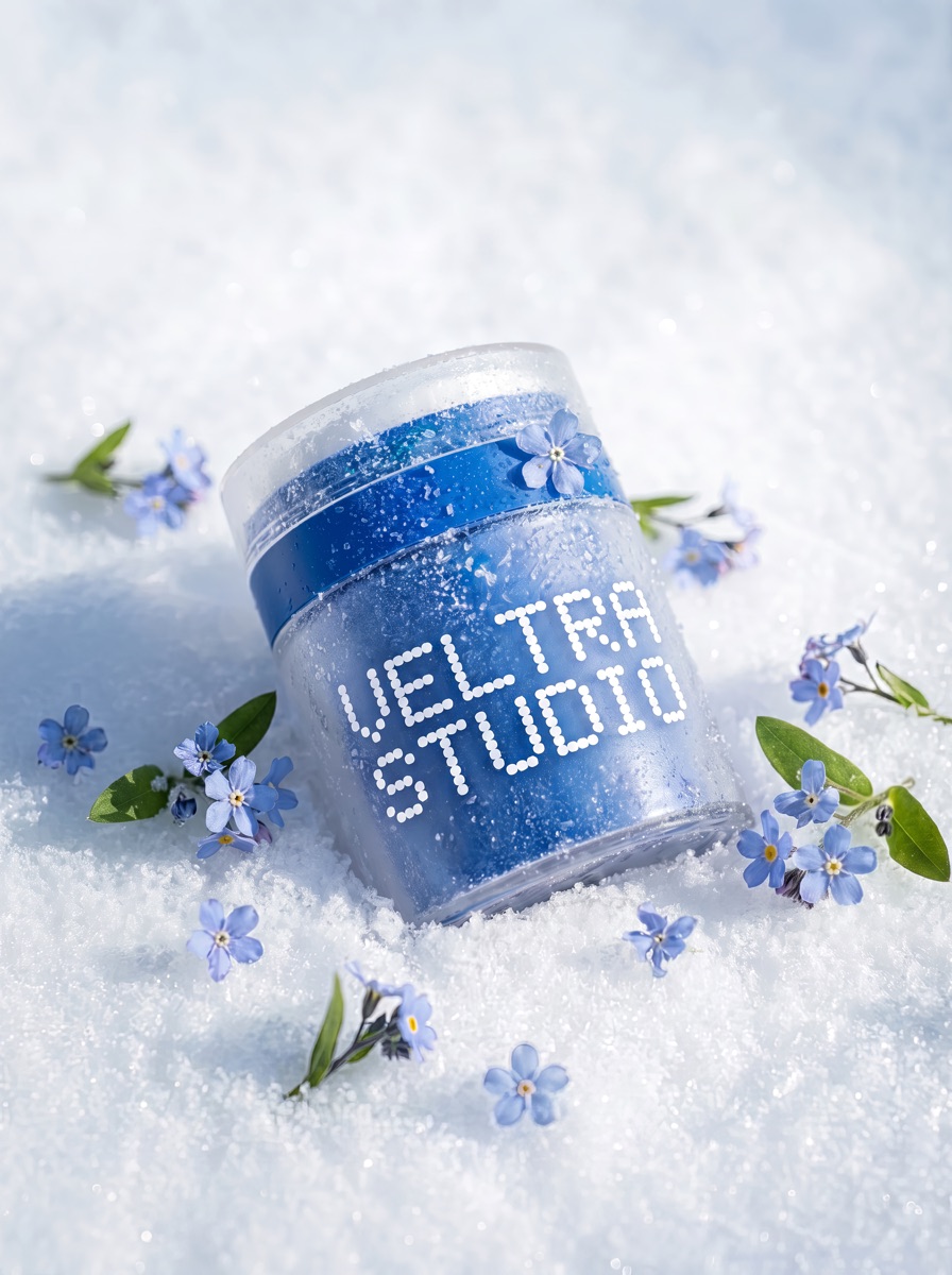 Brand visuals — Veltra Studio jar in the snow with flowers